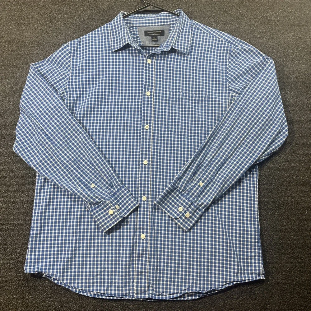 Banana Republic‎ Mens XL Blue Gingham Soft Wash Standard Fit Button Down Shirt
